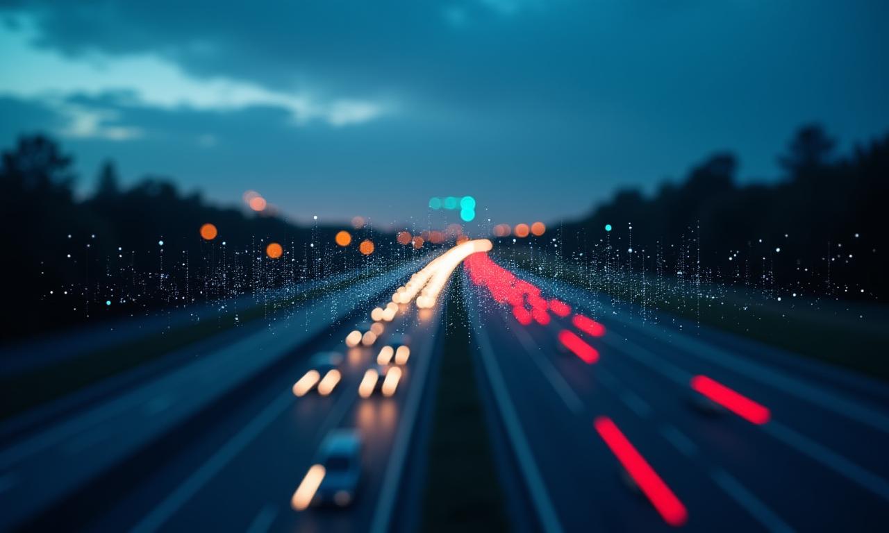 Una visualización abstracta de datos y redes sobre una moderna autopista al anochecer.