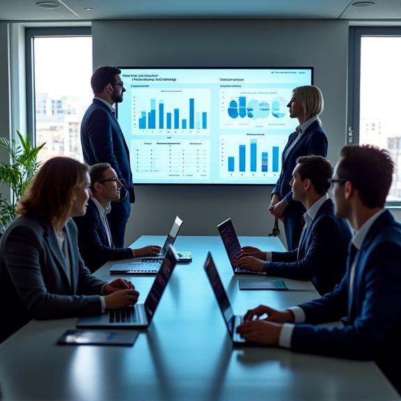 Un equipo de consultores profesionales analizando gráficos de datos en una sala de juntas moderna.